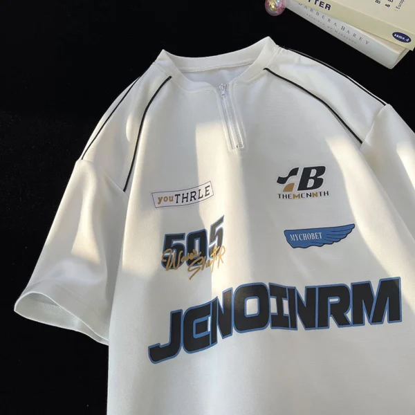 Crush Fashion Korean Mens Oversized Motorcycle Zipper Polo Shirt Summer All-match for Women Trendy Letter Printed Top for Men Loose